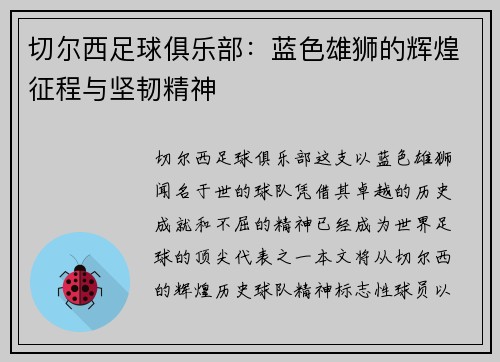 切尔西足球俱乐部：蓝色雄狮的辉煌征程与坚韧精神